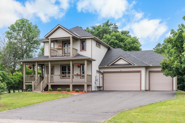 1222 81st Ct N, Brooklyn Park, MN 55444 - victorian house with a porch, an attached garage, a balcony, driveway, and a front yard