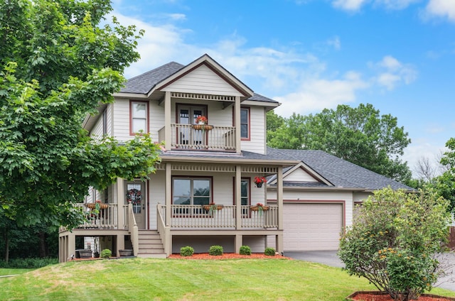 1222 81st Ct N, Brooklyn Park, MN 55444 - victorian-style house featuring a balcony, covered porch, a front lawn, and asphalt driveway