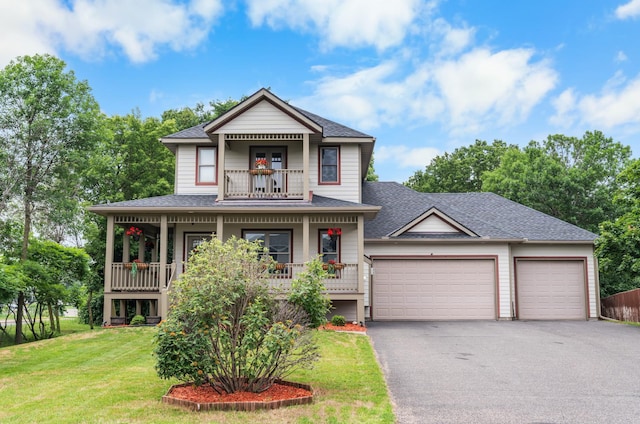 1222 81st Ct N, Brooklyn Park, MN 55444 - victorian house featuring a balcony, asphalt driveway, a front yard, an attached garage, and roof with shingles