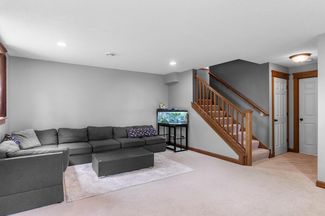 1222 81st Ct N, Brooklyn Park, MN 55444 - living area featuring stairs, carpet floors, and recessed lighting