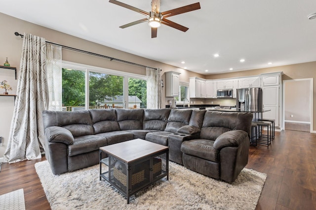 17964 Fresno St NW, Elk River, MN 55330 - living area featuring a ceiling fan, dark wood-type flooring, and recessed lighting