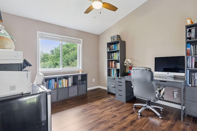 17964 Fresno St NW, Elk River, MN 55330 - home office with vaulted ceiling, wood finished floors, and a ceiling fan