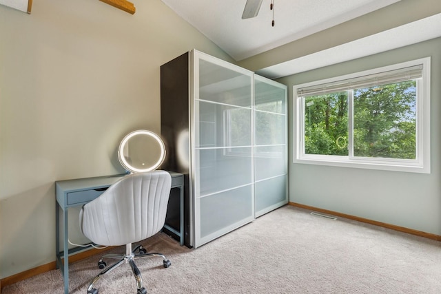 17964 Fresno St NW, Elk River, MN 55330 - home office with carpet flooring, lofted ceiling, and ceiling fan