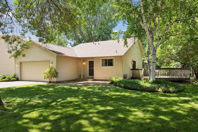 9743 Hemlock Ln N, Maple Grove, MN 55369 - ranch-style house with an attached garage, concrete driveway, a front yard, roof with shingles, and a wooden deck