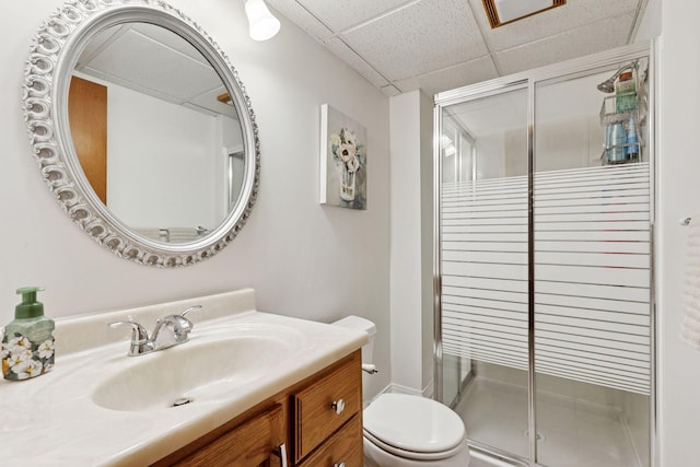 9743 Hemlock Ln N, Maple Grove, MN 55369 - bathroom with a stall shower, vanity, and a paneled ceiling