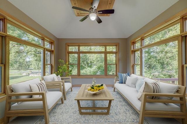 442 Wren Ln, Hudson, WI 54016 - living area with lofted ceiling, ceiling fan, and plenty of natural light