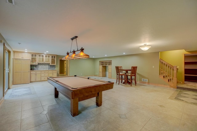 442 Wren Ln, Hudson, WI 54016 - playroom with recessed lighting, light tile patterned flooring, pool table, and bar area
