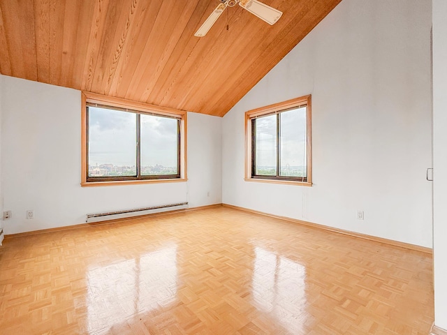110 1st Ave NE Unit 1006, Minneapolis, MN 55413 - empty room featuring a baseboard radiator, a ceiling fan, wooden ceiling, and high vaulted ceiling