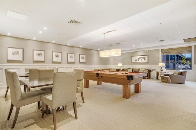 110 1st Ave NE Unit 1006, Minneapolis, MN 55413 - playroom featuring pool table, light carpet, wainscoting, a decorative wall, and recessed lighting