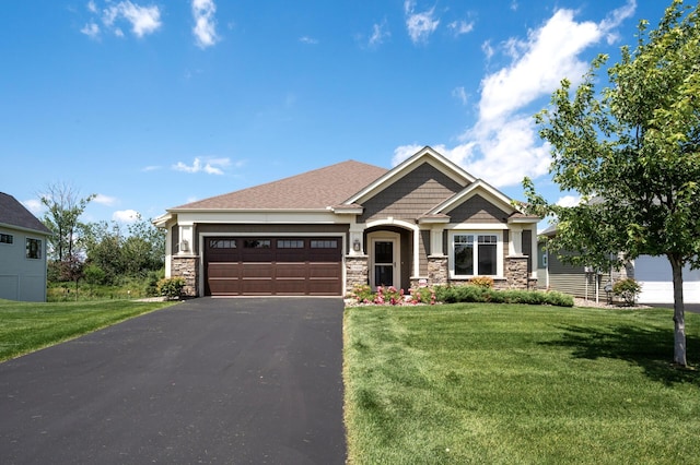 19400 75th Ave, Corcoran, MN 55340 - craftsman-style home with stone siding, a garage, a front lawn, and asphalt driveway