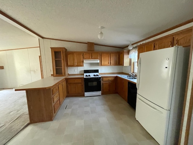 21344 County Road 11, Crosby, MN 56441 - kitchen featuring white appliances, a peninsula, brown cabinetry, light countertops, and ornamental molding