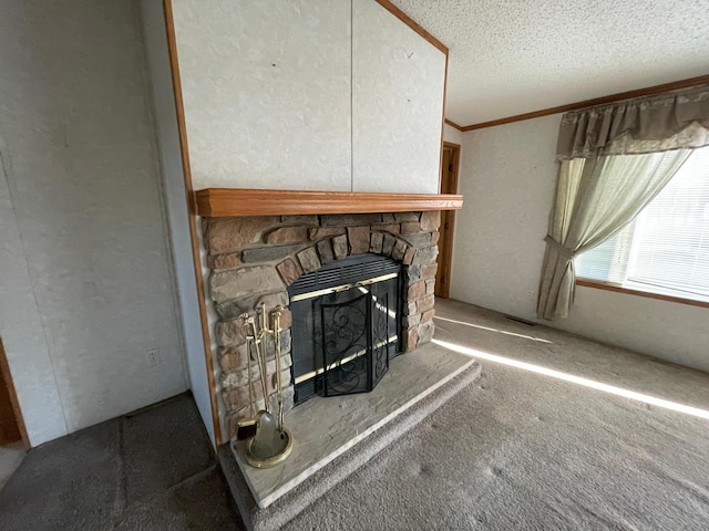 21344 County Road 11, Crosby, MN 56441 - detailed view of a fireplace, carpet, and a textured ceiling