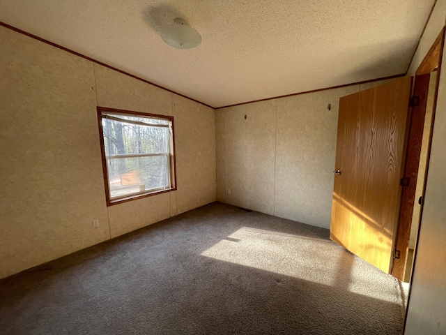 21344 County Road 11, Crosby, MN 56441 - unfurnished room featuring a textured ceiling, carpet floors, vaulted ceiling, and ornamental molding