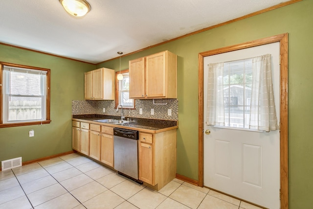 1821 Orange Ave E, Saint Paul, MN 55119 - kitchen with stainless steel dishwasher, light brown cabinets, decorative backsplash, light tile patterned flooring, and crown molding