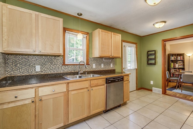 1821 Orange Ave E, Saint Paul, MN 55119 - kitchen featuring dishwasher, light brown cabinets, dark countertops, backsplash, and light tile patterned floors