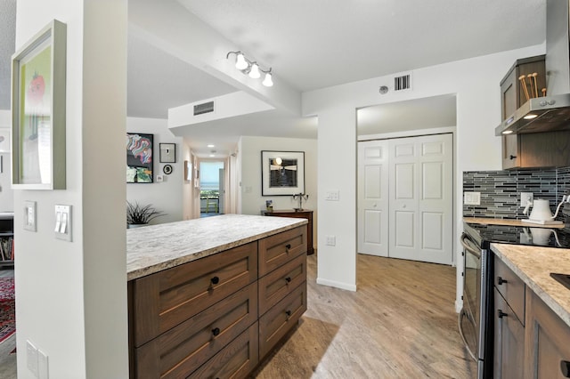 6615 Lake Shore Dr S Unit 317, Richfield, MN 55423 - kitchen featuring stainless steel electric range, wall chimney exhaust hood, light wood-style floors, light countertops, and tasteful backsplash