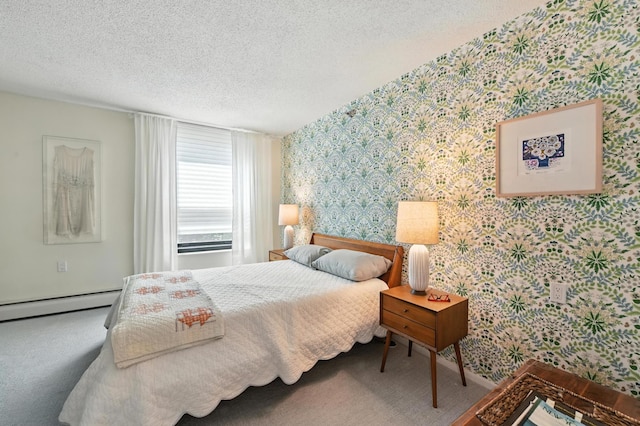 6615 Lake Shore Dr S Unit 317, Richfield, MN 55423 - bedroom with wallpapered walls, a baseboard radiator, carpet, and a textured ceiling