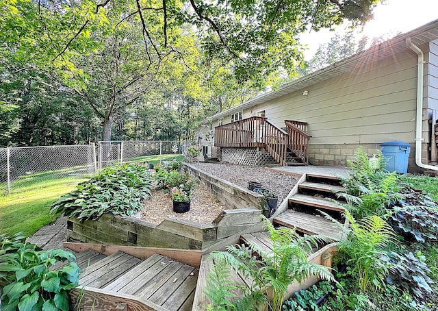 39631 342nd Ln, Aitkin, MN 56431 - wooden terrace featuring a fenced backyard, a garden, and stairs