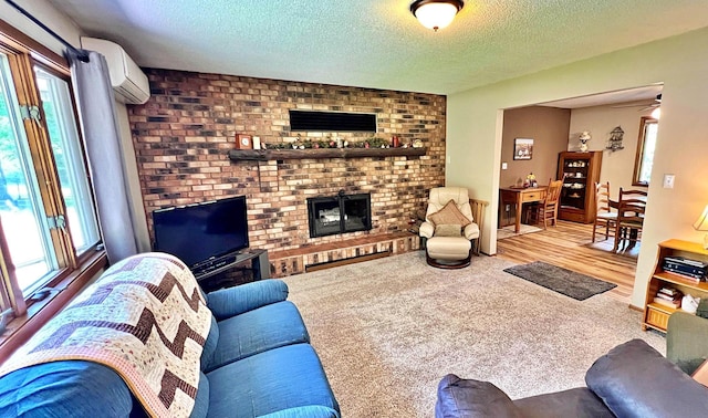39631 342nd Ln, Aitkin, MN 56431 - carpeted living room with a brick fireplace, plenty of natural light, a wall unit AC, and a textured ceiling