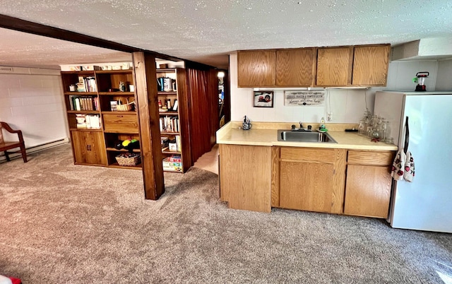 39631 342nd Ln, Aitkin, MN 56431 - kitchen with a textured ceiling, freestanding refrigerator, light carpet, light countertops, and baseboard heating
