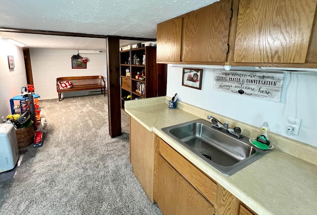 39631 342nd Ln, Aitkin, MN 56431 - kitchen with light colored carpet, light countertops, brown cabinetry, and a textured ceiling