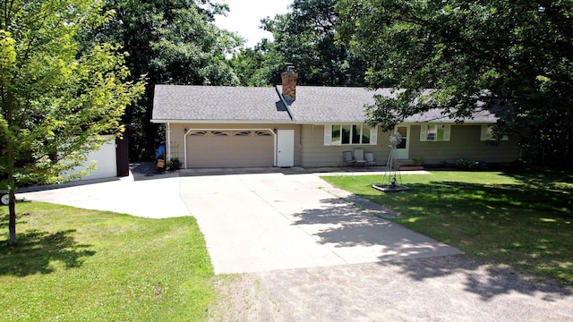 39631 342nd Ln, Aitkin, MN 56431 - ranch-style house featuring concrete driveway, an attached garage, a chimney, a front lawn, and a shingled roof