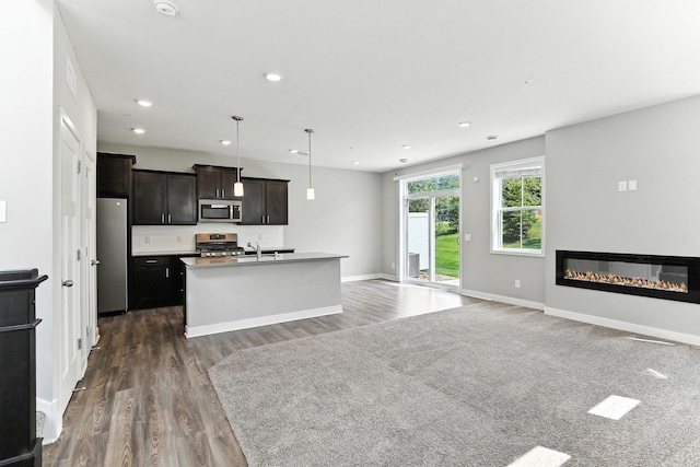 6450 Inspire Cir S, Cottage Grove, MN 55016 - kitchen with stainless steel appliances, open floor plan, recessed lighting, dark wood-style flooring, and a kitchen island with sink