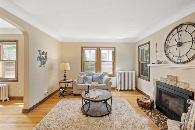 5321 Park Ave, Minneapolis, MN 55417 - living area with radiator heating unit, light wood-type flooring, a tile fireplace, and arched walkways