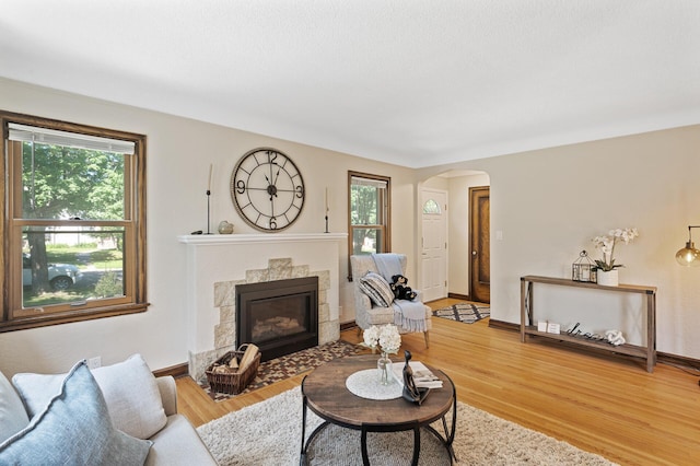 5321 Park Ave, Minneapolis, MN 55417 - living area with arched walkways, a fireplace, and light wood-style floors