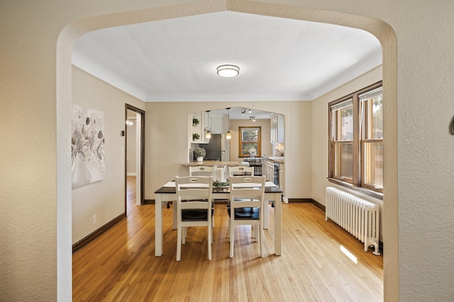 5321 Park Ave, Minneapolis, MN 55417 - dining area featuring radiator, arched walkways, and light wood-style floors