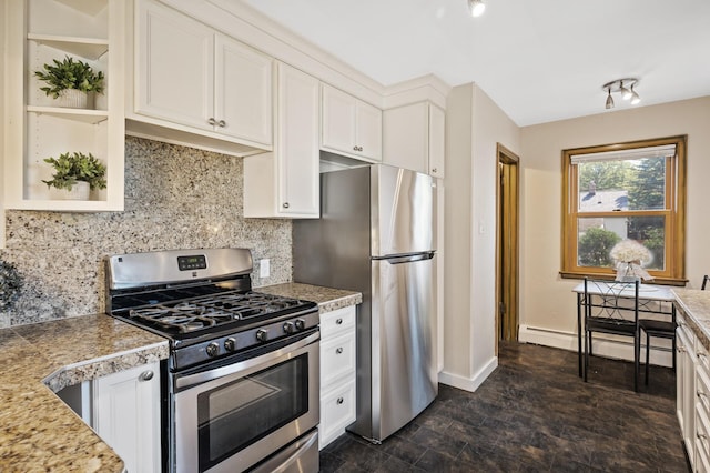 5321 Park Ave, Minneapolis, MN 55417 - kitchen with appliances with stainless steel finishes, open shelves, white cabinetry, and tasteful backsplash