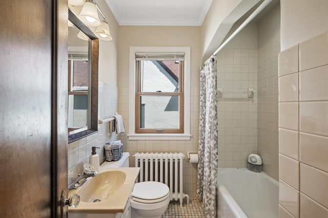 5321 Park Ave, Minneapolis, MN 55417 - bathroom with radiator, tile walls, shower / tub combo with curtain, crown molding, and tile patterned floors