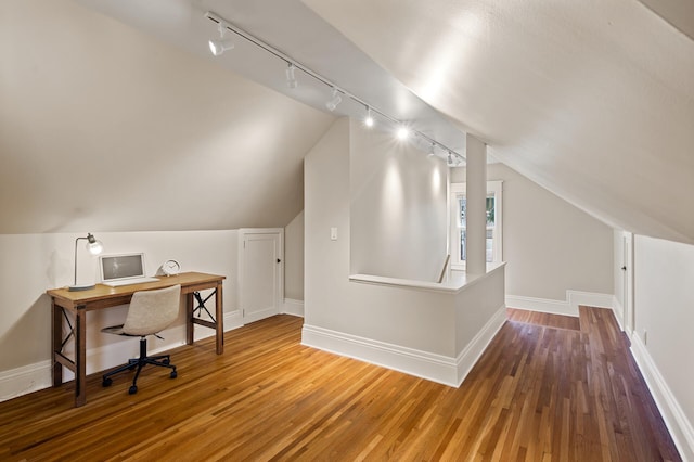 5321 Park Ave, Minneapolis, MN 55417 - office with rail lighting, lofted ceiling, and hardwood / wood-style floors