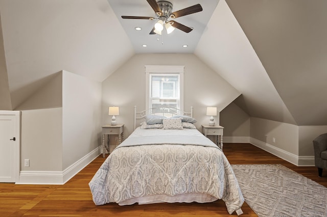 5321 Park Ave, Minneapolis, MN 55417 - bedroom with lofted ceiling, wood finished floors, ceiling fan, and recessed lighting