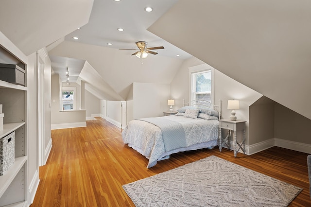 5321 Park Ave, Minneapolis, MN 55417 - bedroom featuring light wood-type flooring, ceiling fan, recessed lighting, and lofted ceiling