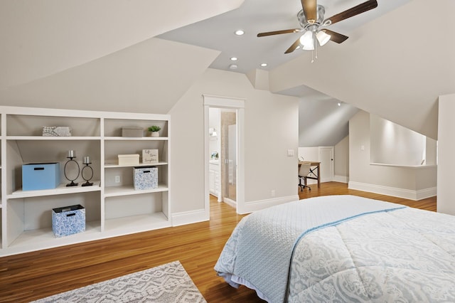 5321 Park Ave, Minneapolis, MN 55417 - bedroom with lofted ceiling, wood finished floors, ensuite bathroom, recessed lighting, and ceiling fan