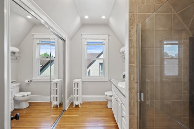 5321 Park Ave, Minneapolis, MN 55417 - bathroom featuring vanity, wood finished floors, radiator heating unit, lofted ceiling, and a shower stall