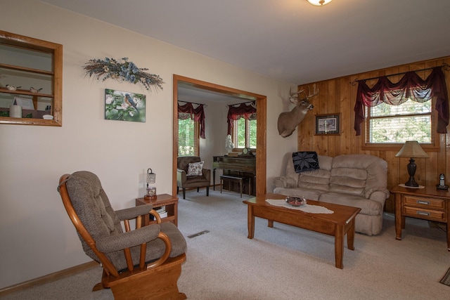6770 County Road 65 NE, Deer River, MN 56636 - living room featuring wood walls and light carpet