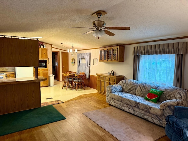 14 Silvers Resort, Elysian, MN 56028 - living area featuring a ceiling fan, a chandelier, light wood finished floors, a textured ceiling, and vaulted ceiling