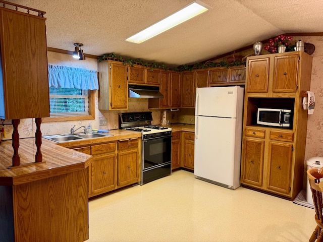 14 Silvers Resort, Elysian, MN 56028 - kitchen with freestanding refrigerator, gas range oven, under cabinet range hood, lofted ceiling, and brown cabinetry