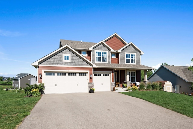 1126 Stonebridge Path, Jordan, MN 55352 - craftsman-style house featuring a porch, asphalt driveway, a front lawn, and stone siding
