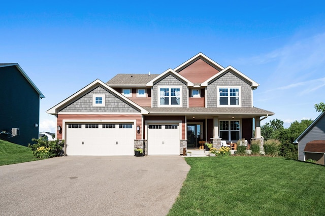 1126 Stonebridge Path, Jordan, MN 55352 - craftsman-style house with a porch, asphalt driveway, a front yard, and stone siding
