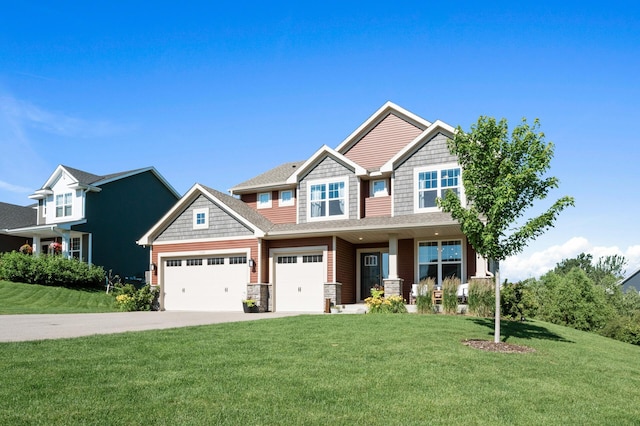 1126 Stonebridge Path, Jordan, MN 55352 - craftsman inspired home with concrete driveway, a front lawn, a garage, and stone siding