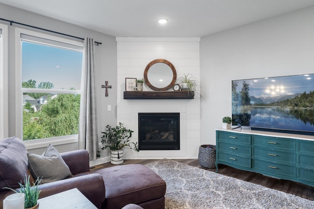 1126 Stonebridge Path, Jordan, MN 55352 - living room featuring dark wood finished floors, a large fireplace, plenty of natural light, and recessed lighting