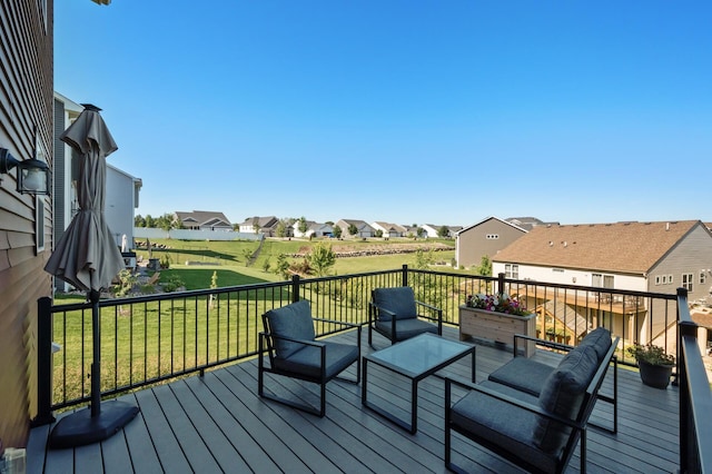 1126 Stonebridge Path, Jordan, MN 55352 - deck featuring a residential view, an outdoor living space, and a lawn