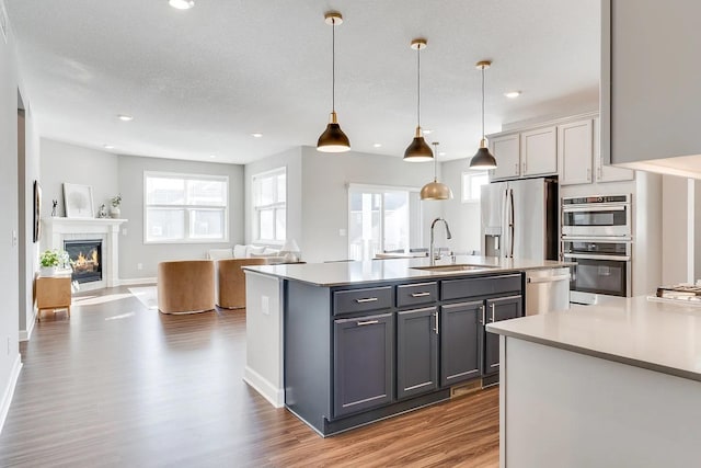 8251 62nd St, Bay South, Cottage Grove, MN 55016 - kitchen featuring stainless steel appliances, gray cabinets, wood finished floors, open floor plan, and recessed lighting