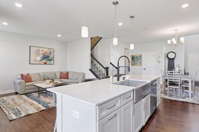 4297 Corn Silk Ln, Woodbury, MN 55129 - kitchen featuring dark wood-style floors, recessed lighting, stainless steel dishwasher, a chandelier, and white cabinetry