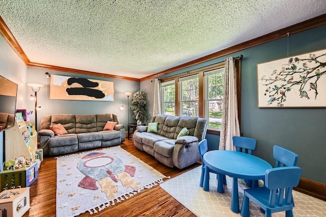 1268 Stanford Ave, Saint Paul, MN 55105 - living room featuring ornamental molding, a textured ceiling, and wood finished floors