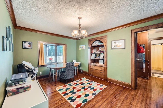1268 Stanford Ave, Saint Paul, MN 55105 - dining room with ornamental molding, a textured ceiling, a chandelier, and wood finished floors