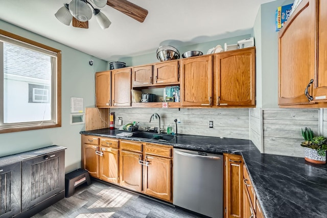 1268 Stanford Ave, Saint Paul, MN 55105 - kitchen with dishwasher, ceiling fan, decorative backsplash, dark stone counters, and brown cabinetry